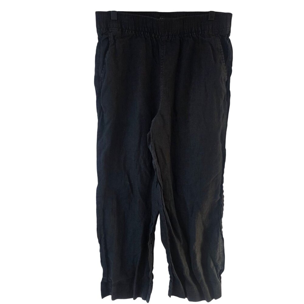 Tahari 100% Linen Pants Black Beachy Tropical Pull-On Elastic Waist L